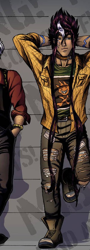 Zach Novastar — tall, purple hair, yellow jacket